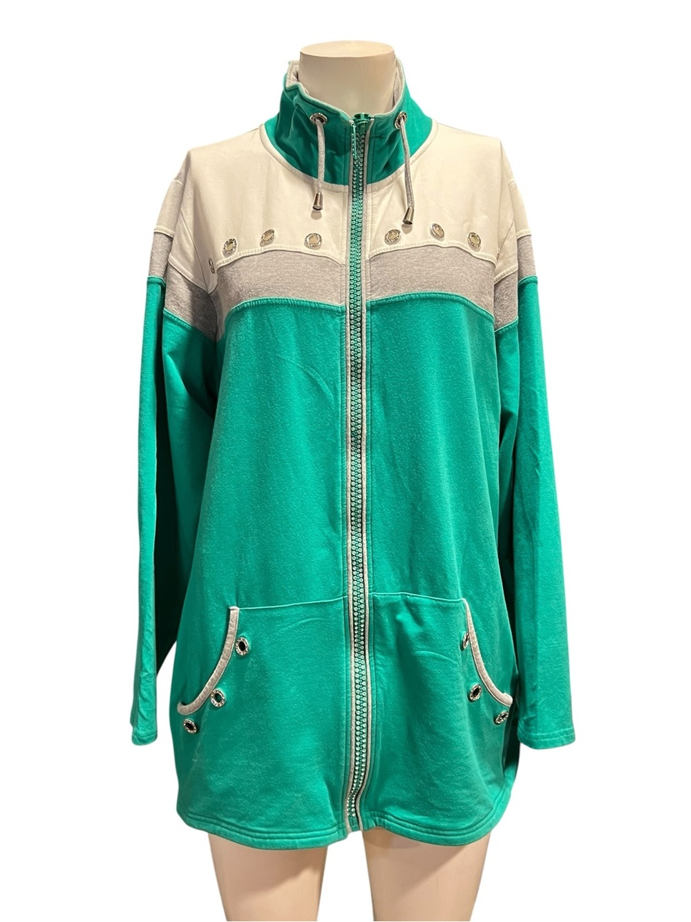 Teal and Cream Zip-Front Bomber Jacket